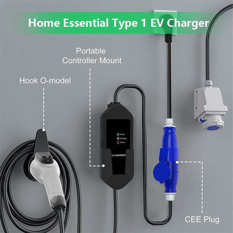 Plug and Play Single Phase 32A 7KW Type 1 Portable EV Charger with CEE Power Plug detail