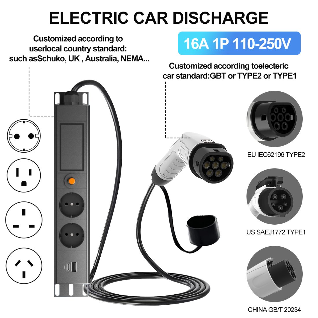 V2L Outdoor Camping Extended Power Cord Socket Single Phase 16A Type 2 EV Discharger detail