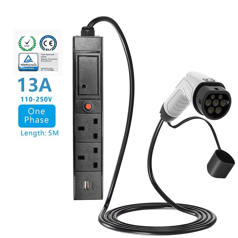 V2L Single Phase 13A Type 2 EV Discharger with Extended Power Cord and UK Sockets